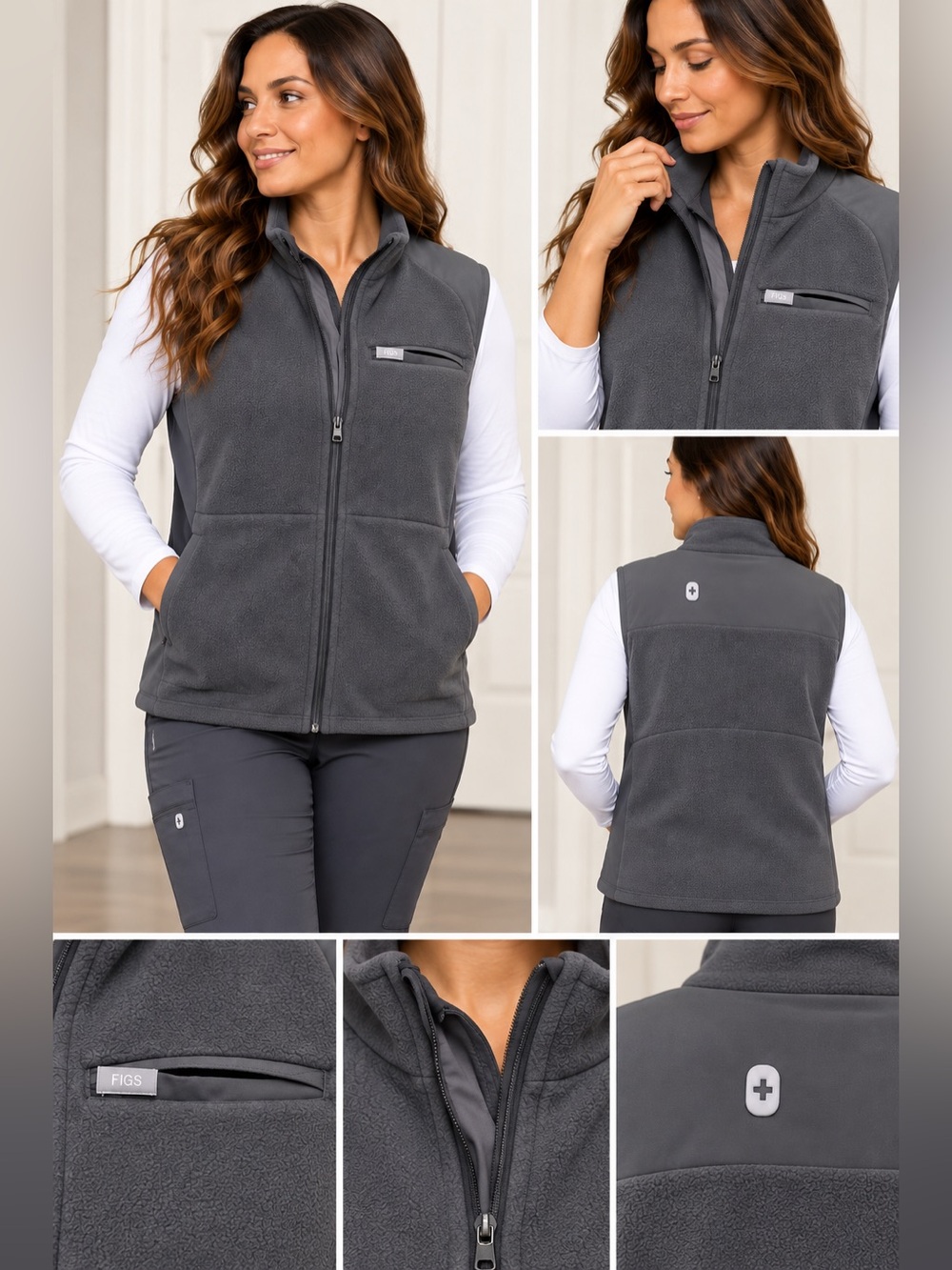 FIGS Womens Fleece Vest M Black Full Zip Medical Scrub Jacket Zip Pockets S -XL